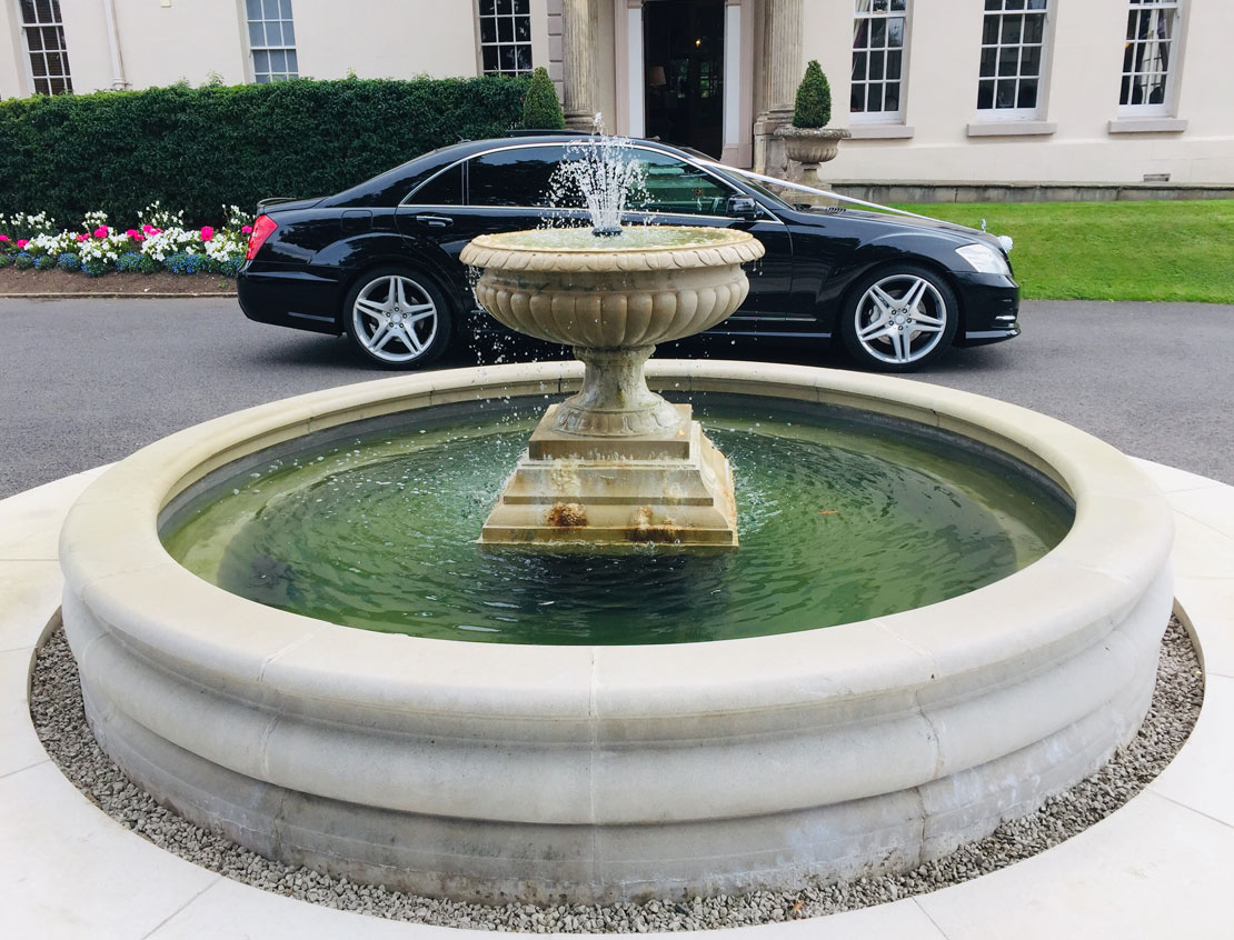 Wedding Car Hire Mercedes behind fountain
